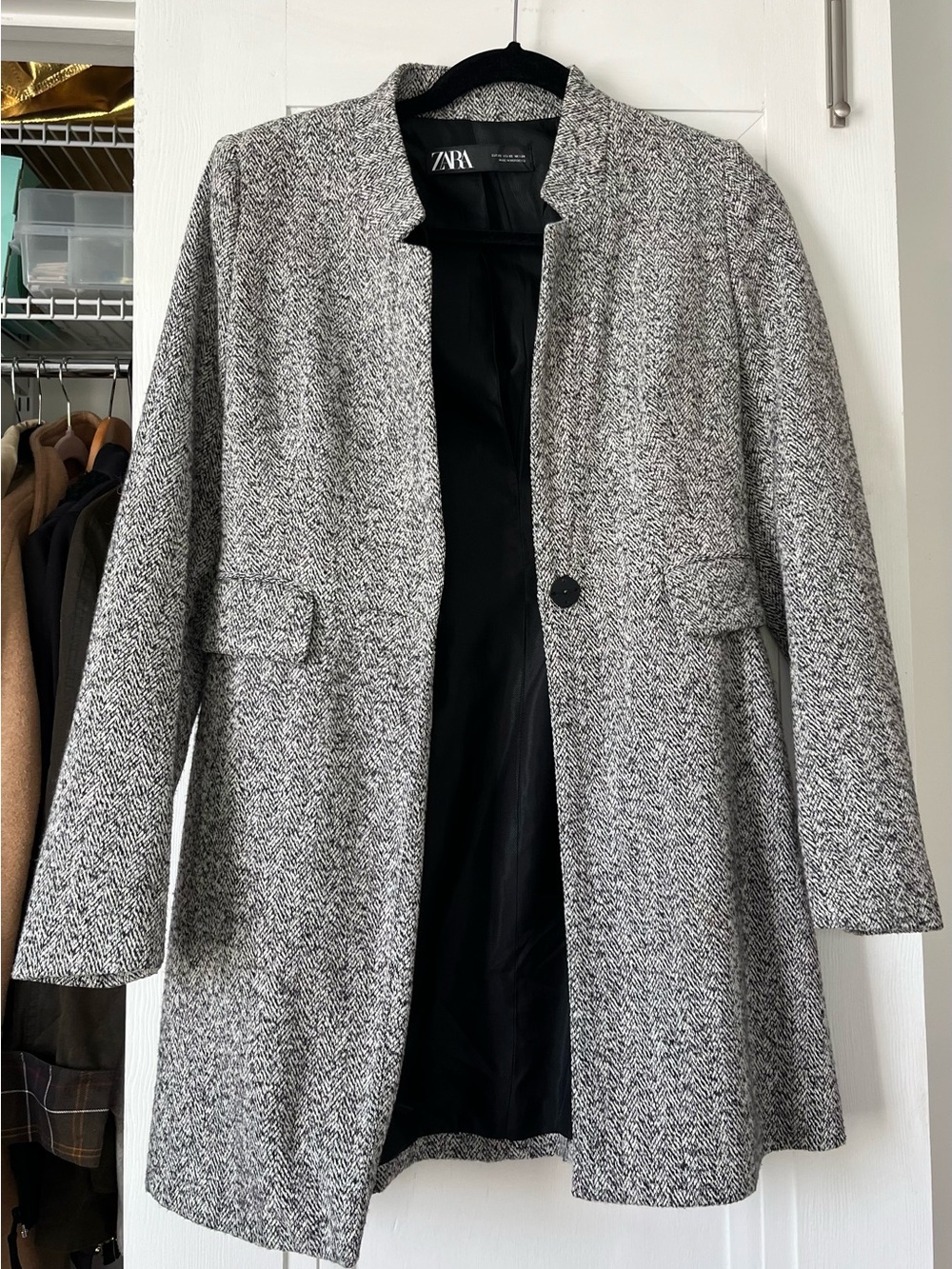 Zara Black & White Herringbone Pea Coat